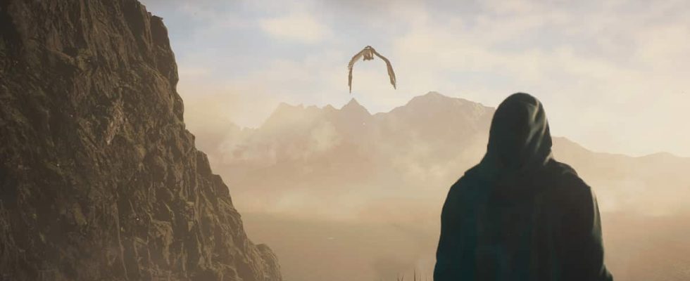Dragon's Dogma 2 screenshot of a hooded character looking at a flying monster