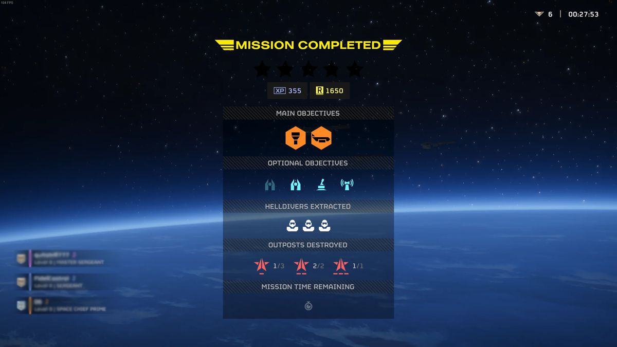 L'écran des récompenses post-mission pour Helldivers 2