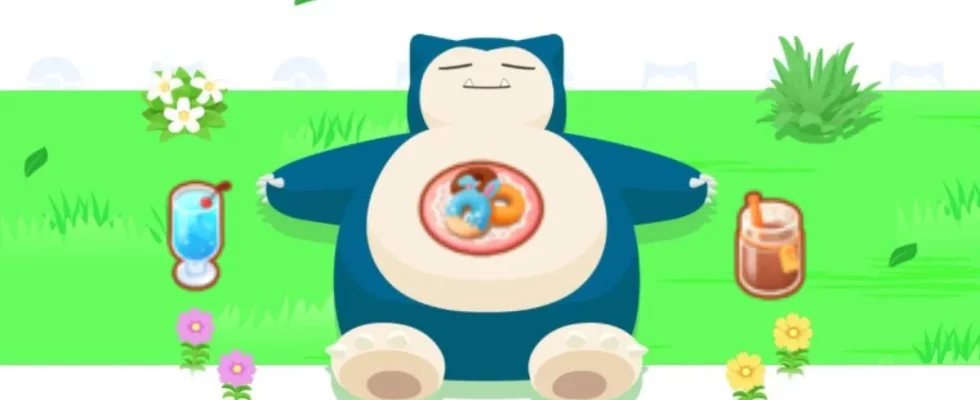 Snorlax from Pokemon Sleep, surrounded by various drinks and desserts