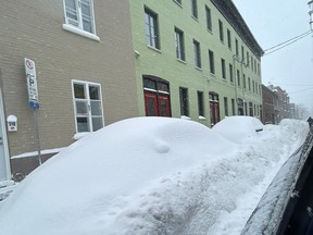 Des voitures sont ensevelies sous une épaisse couche de neige dans une rue du centre-ville de Québec, le 10 janvier 2024.