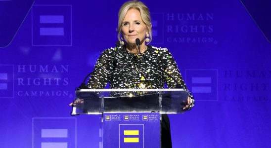 LOS ANGELES, CALIFORNIA - MARCH 23: Dr. Jill Biden speaks onstage during the Human Rights Campaign's 2024 Los Angeles Dinner at Fairmont Century Plaza on March 23, 2024 in Los Angeles, California.  (Photo by Monica Schipper/Getty Images)