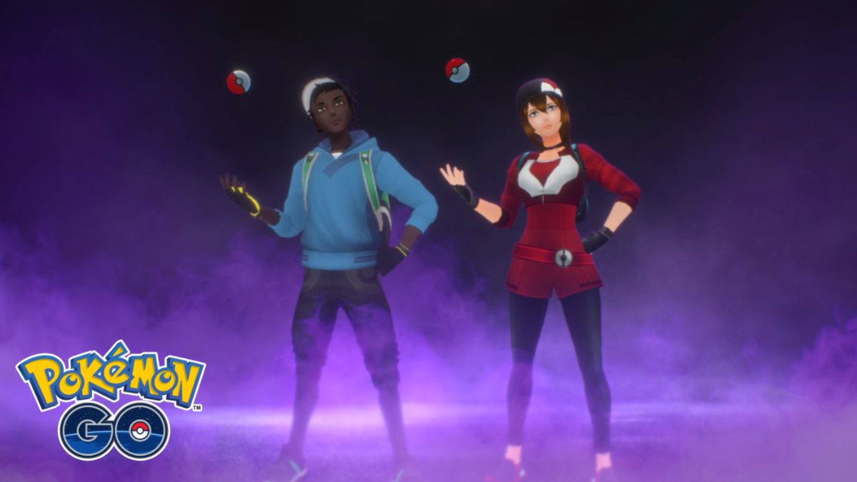 Deux avatars de Pokemon GO lançant des PokeBalls en l'air sur un fond sombre