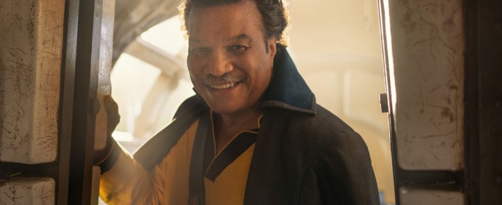 Billy Dee Williams standing in the doorway of the Millenium Falcon in Star Wars: The Rise of Skywalker.