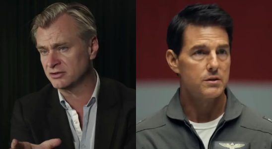 Christopher Nolan speaking in behind the scenes Tenet video, and Tom Cruise shown in Top Gun: Maverick, pictured side by side.