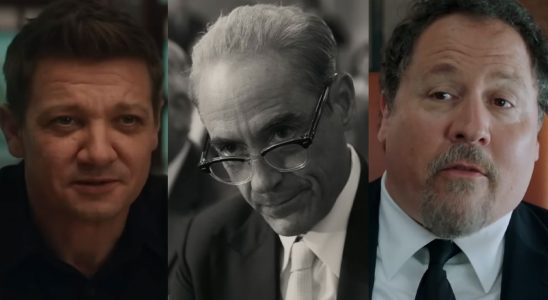 Jeremy Renner starring in Hawkeye (2021), RDJ in Oppenheimer (2023), Jon Favreau as Happy Hogan in Spider-Man Far From Home (2019)