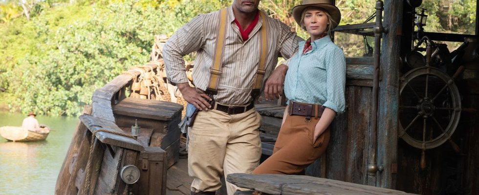 Dwayne Johnson and Emily Blunt as Frank Wolff and Lily Houghton in Jungle Cruise