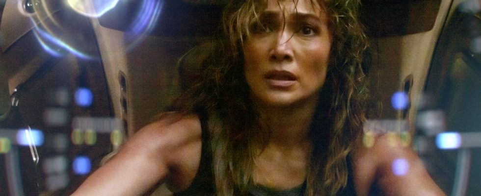 Jennifer Lopez looks horrified in a mech suit in Atlas.