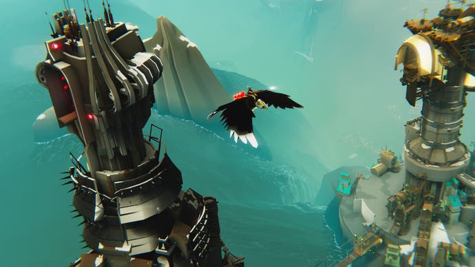 Un faucon géant survole les tours de science-fiction dans Bulwark : Falconeer Chronicles