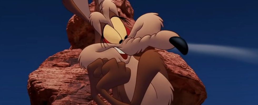 Wile E Coyote stands in front of a rock formation with a flattered expression in Looney Tunes: Back In Action.