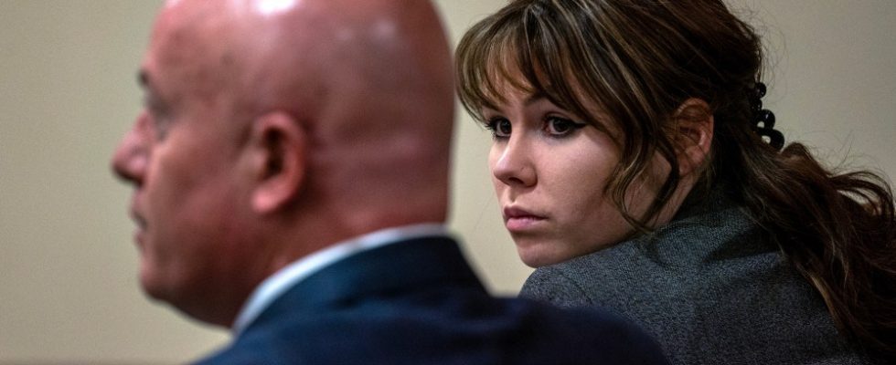 Hannah Gutierrez-Reed sits with her attorney Jason Bowles during the first day of testimony in the trial against her in First District Court, in Santa Fe, N.M., Thursday, February 22, 2024. Gutierrez-Reed, who was working as the armorer on the movie "Rust" when a revolver actor Alec Baldwin was holding fired killing cinematographer Halyna Hutchins and wounded the film’s director Joel Souza, is charged with involuntary manslaughter and tampering with evidence.