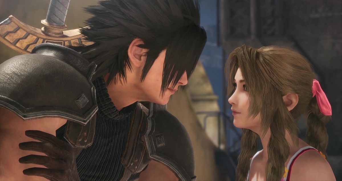 Une image de Zack et Aerith se regardant dans les yeux dans Crisis Core : Final Fantasy 7 Reunion. 