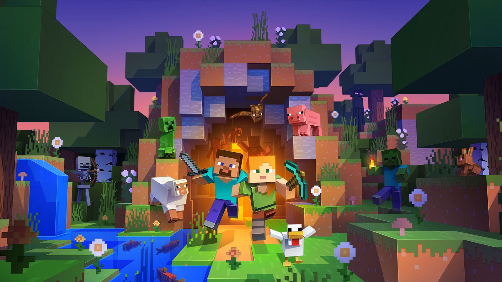 Deux personnages sortant d'une grotte dans Minecraft