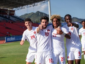 Myles Morgan (21 ans) célèbre un but lors de la victoire 8-0 du Canada contre la Dominique lors du match de qualification pour le Championnat U-20 de la CONCACAF à Port-d'Espagne, à Trinidad, dans cette photo du vendredi 23 février 2024.