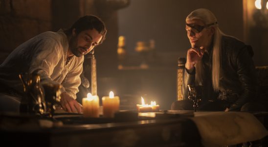 Ser Criston Cole (Fabien Frankel) and Prince Aemond Targaryen (Ewan Mitchell) scheming in House of the Dragon season 2.