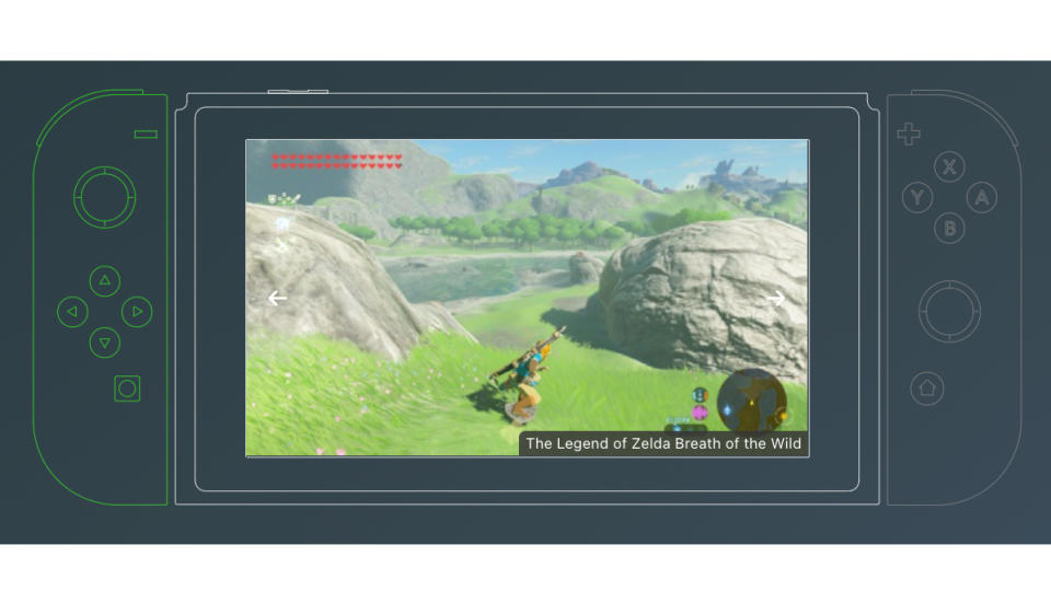 Capture d'écran du site Web de l'émulateur Yuzu montrant une image de Zelda : Breath of the Wild avec un croquis de style plan de la Nintendo Switch l'encadrant.  Fond gris foncé.