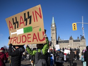 Des gens protestent contre le premier ministre Justin Trudeau et contre la vaccination lors d’un rassemblement contre les restrictions liées à la COVID-19 sur la Colline du Parlement, le samedi 29 janvier 2022.