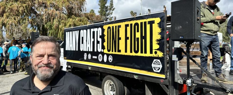 Matt Loeb, president of IATSE, appears at the Many Crafts, One Fight rally on March 3, 2024.