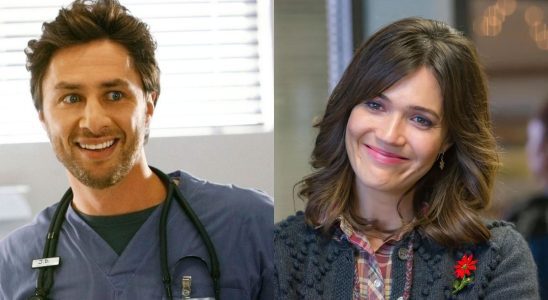 Side by side photo of Mandy Moore on This is Us and Zach Braff on Scrubs