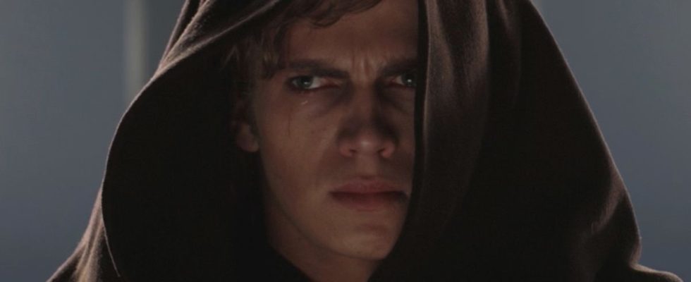 Hayden Christensen stands with a conflicted look on his face in Star Wars: Revenge of the Sith.