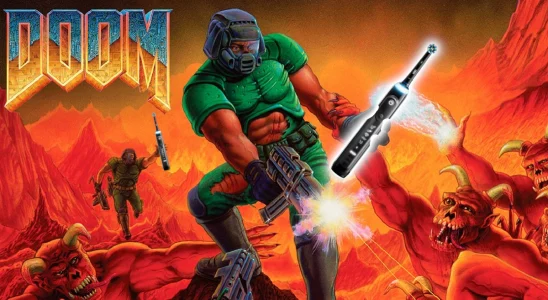 Doom: the Doom Slayer holding a large toothbrush as demons reach out for him.
