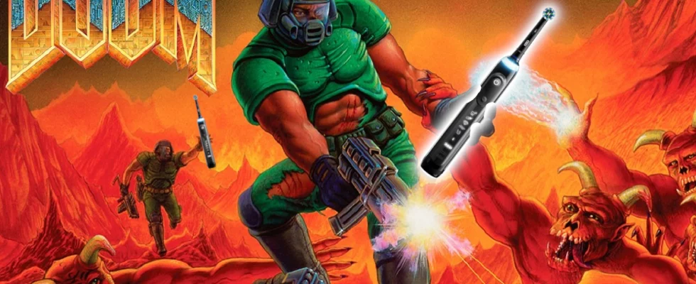 Doom: the Doom Slayer holding a large toothbrush as demons reach out for him.