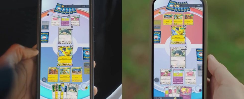 Two phones displaying Pokemon Trading Card Game Pocket