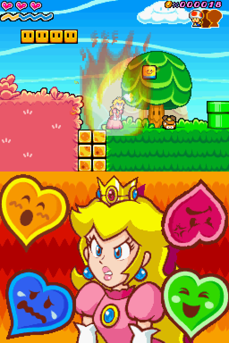 Une capture d'écran de Super Princess Peach, la montrant utiliser ses pouvoirs Rage Vibe pour brûler un Goomba.