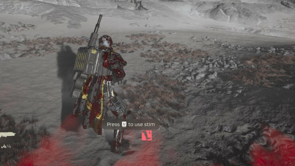 Capture d'écran de Helldivers 2 d'un Helldiver blessé à la jambe