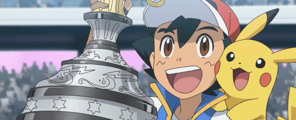 Ash and Pikachu with the trophy in Pokemon