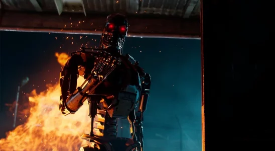 Terminator Survivor: an angry looking Terminator robot with flames behind it.