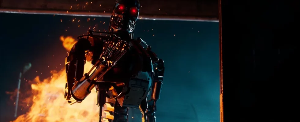 Terminator Survivor: an angry looking Terminator robot with flames behind it.