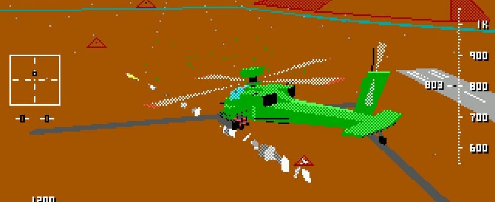 Thunder Helix green helicopter over desert.