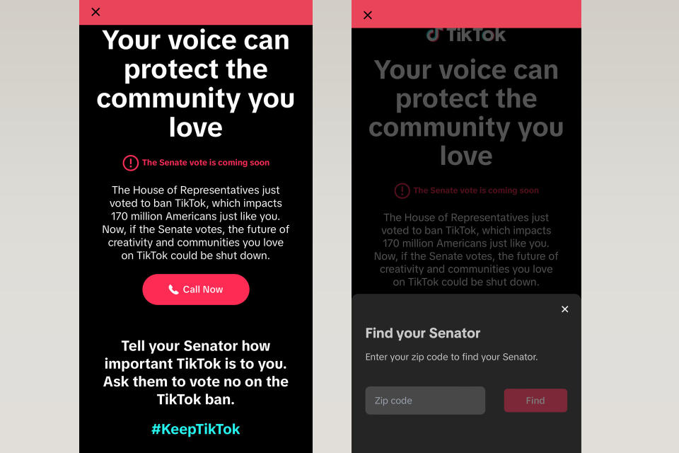 TikTok diffuse de nouveaux messages dans l'application invitant les utilisateurs à appeler les législateurs.