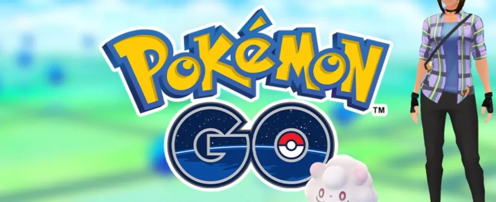 Image of the Pokemon GO map and logo, with an avatar standing next to a Swirlix buddy Pokemon