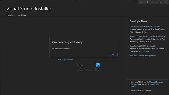 Visual Studio Installer bloqué lors de l'installation du package