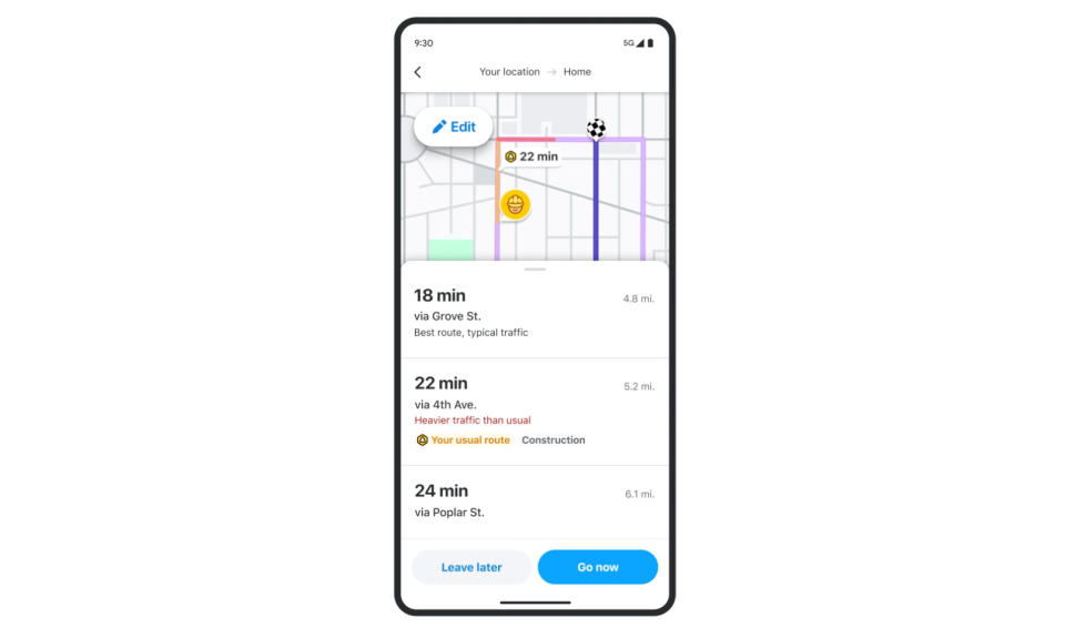 Capture d'écran de l'application Waze.  Une liste des itinéraires possibles — y compris le favori habituel de l'utilisateur — avec les temps d'arrivée (18, 22 et 24 minutes pour trois possibilités).